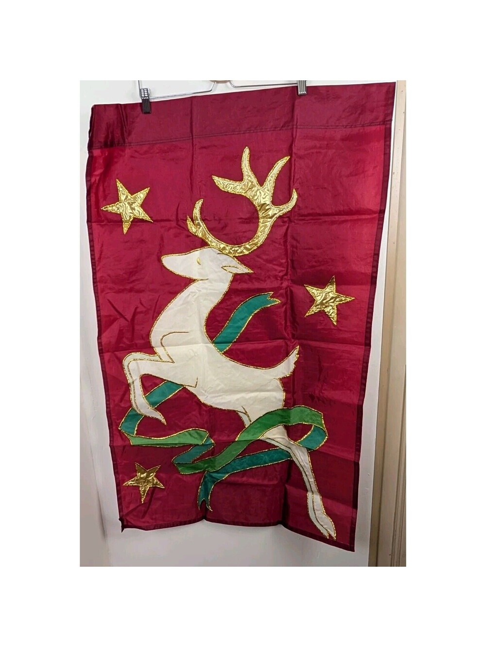 Christmas Porch Flag Reindeer Buck Deer Red Gold Embroidered Double Side 44" (7)